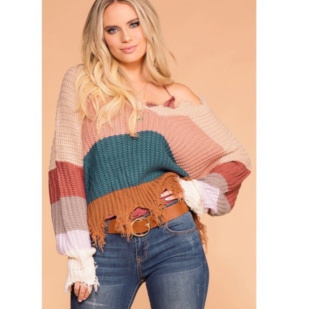 On the Road Distressed Color Block V-Neck Sweater Size S/M